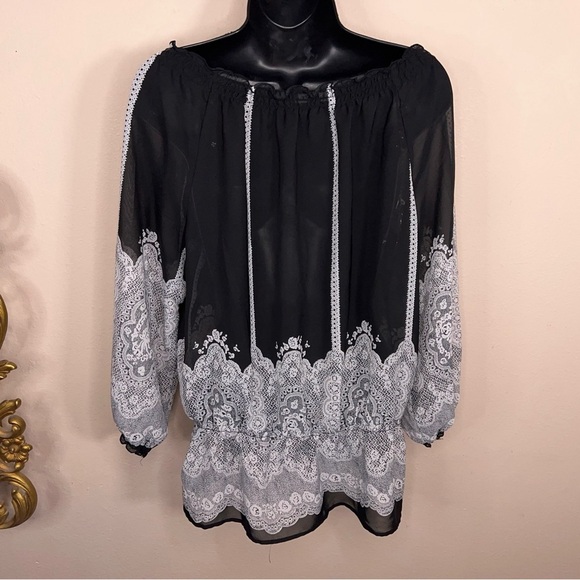 Medium Notations Black White Lace Print Blouse Peasant Semi Sheer Goth - Picture 12 of 16